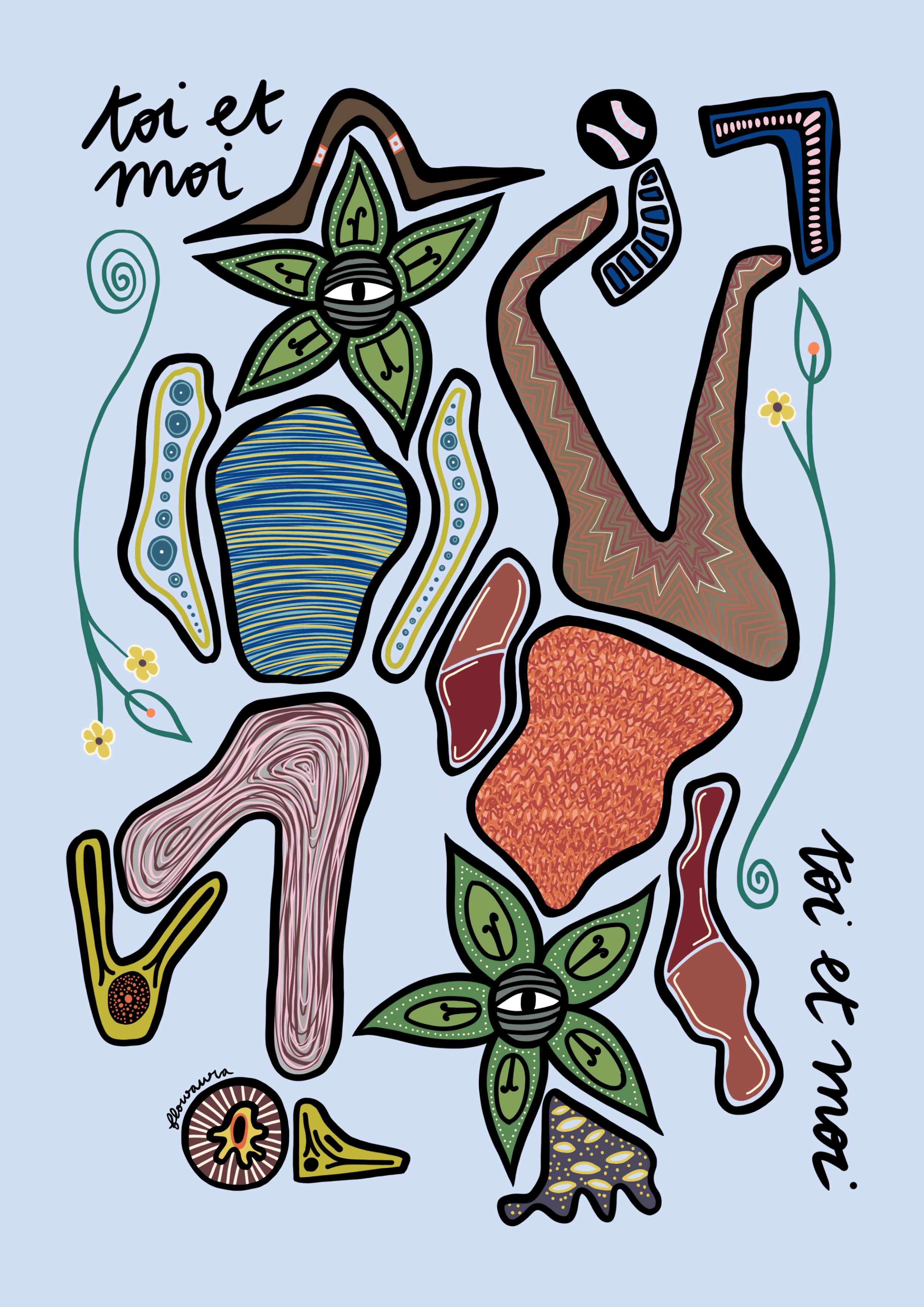 Toi et Moi - Lámina Botánica by Flowaura in blue color. Sustainable art print available in multiple sizes.