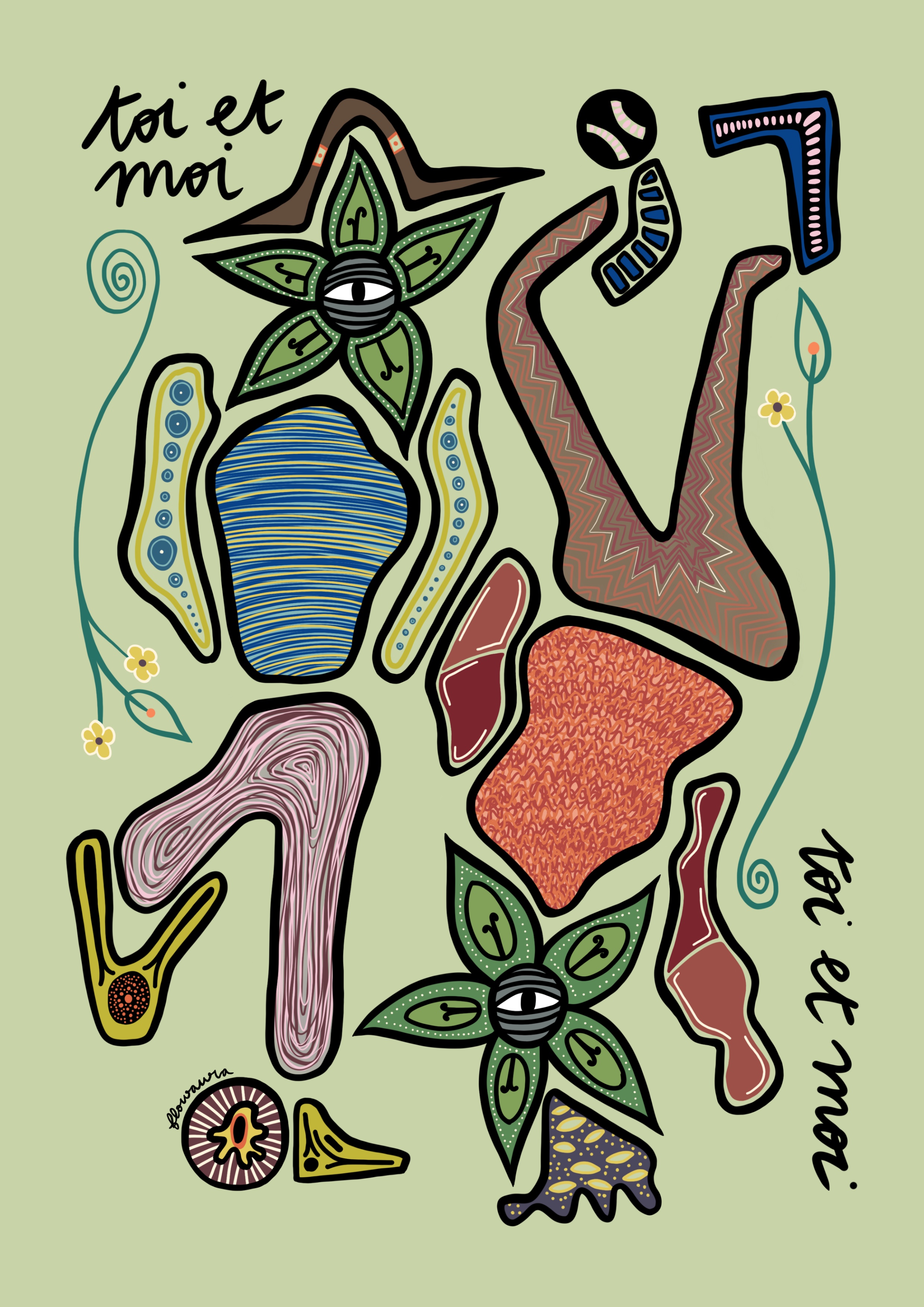Toi et Moi - Sustainable Art Print by Flowaura in green color. Sustainable art print available in multiple sizes.