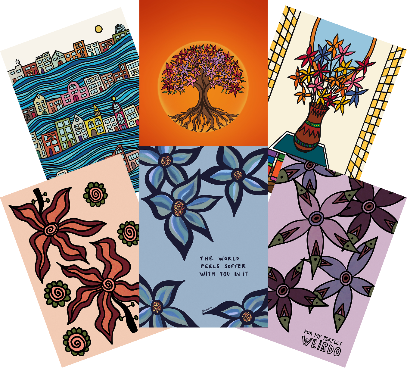 A6 • PACK OF 6 - Botanical Print by Flowaura in petal-tales-extended color. Sustainable art print available in multiple sizes.