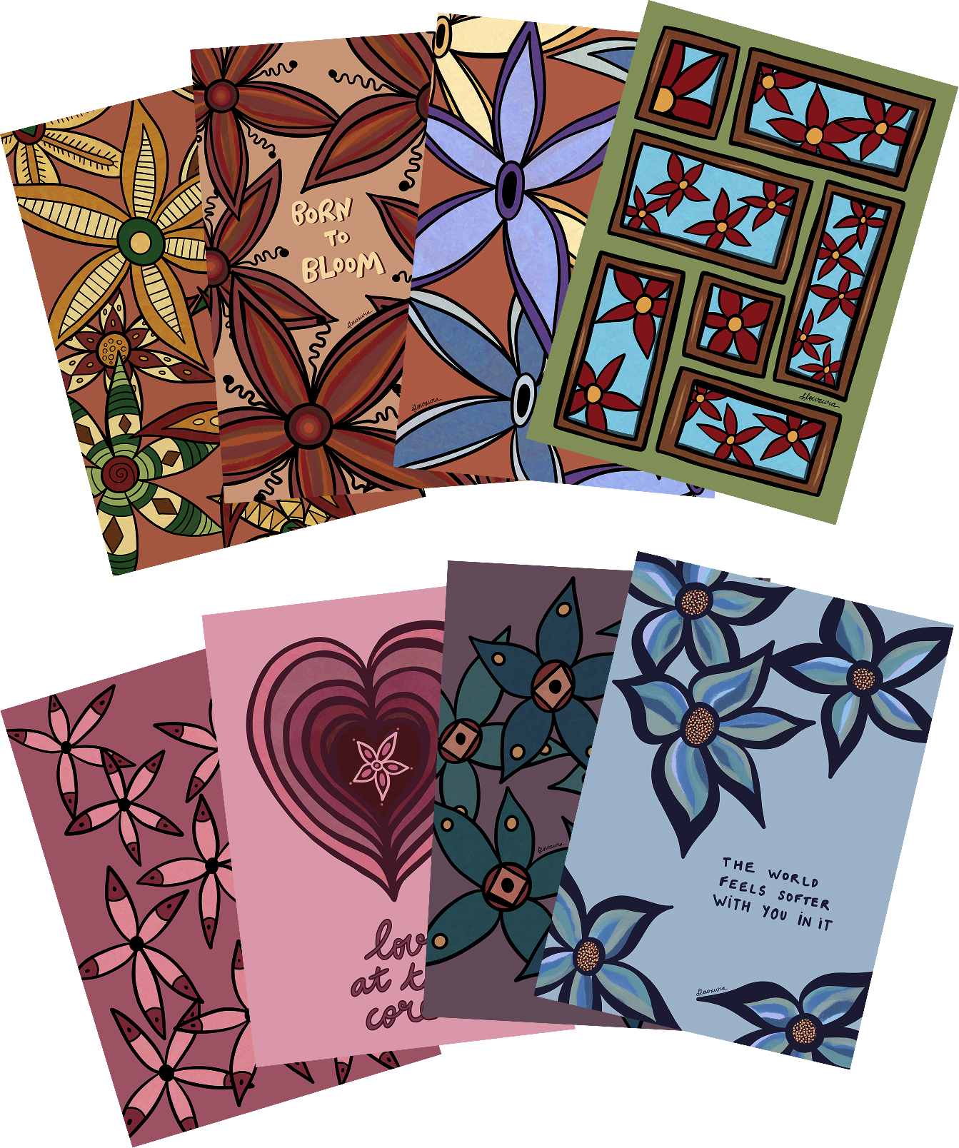 A5 • PACK OF 8 - Botanical Print by Flowaura in petal-collectors-pack color. Sustainable art print available in multiple sizes.
