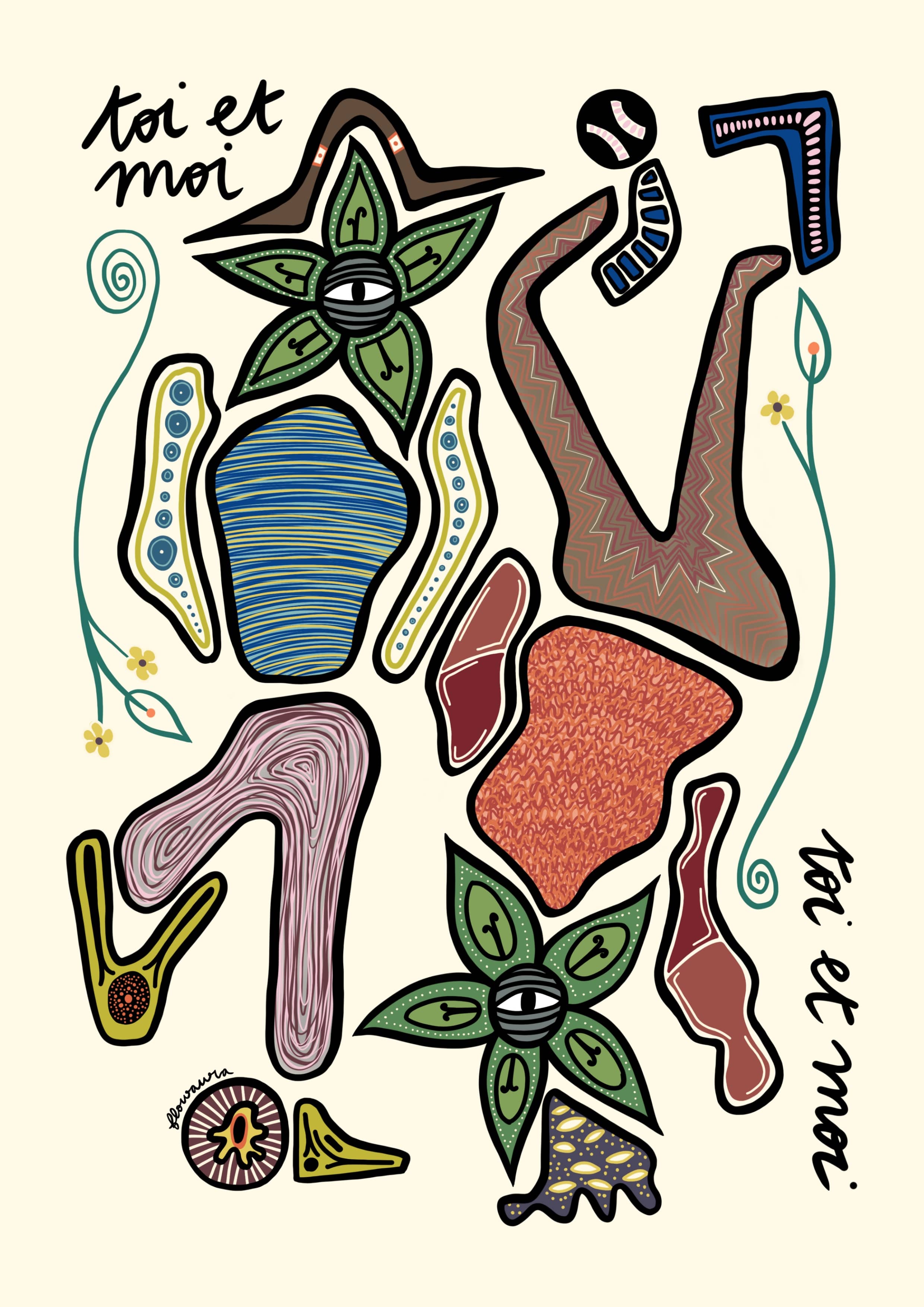 Toi et Moi - Sustainable Art Print by Flowaura in cream color. Sustainable art print available in multiple sizes.